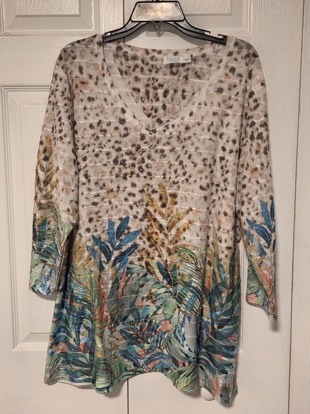 Time and Tru Cream Leopard-Print Tunic with Blue and Green Tropical Border